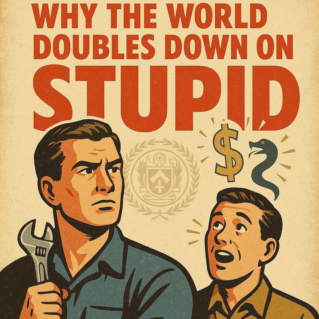 Retro pulp-style illustration of a thoughtful tradesman holding a wrench and another man tempted by quick-fix promises, with headline “Why the World Doubles Down on Stupid.”
