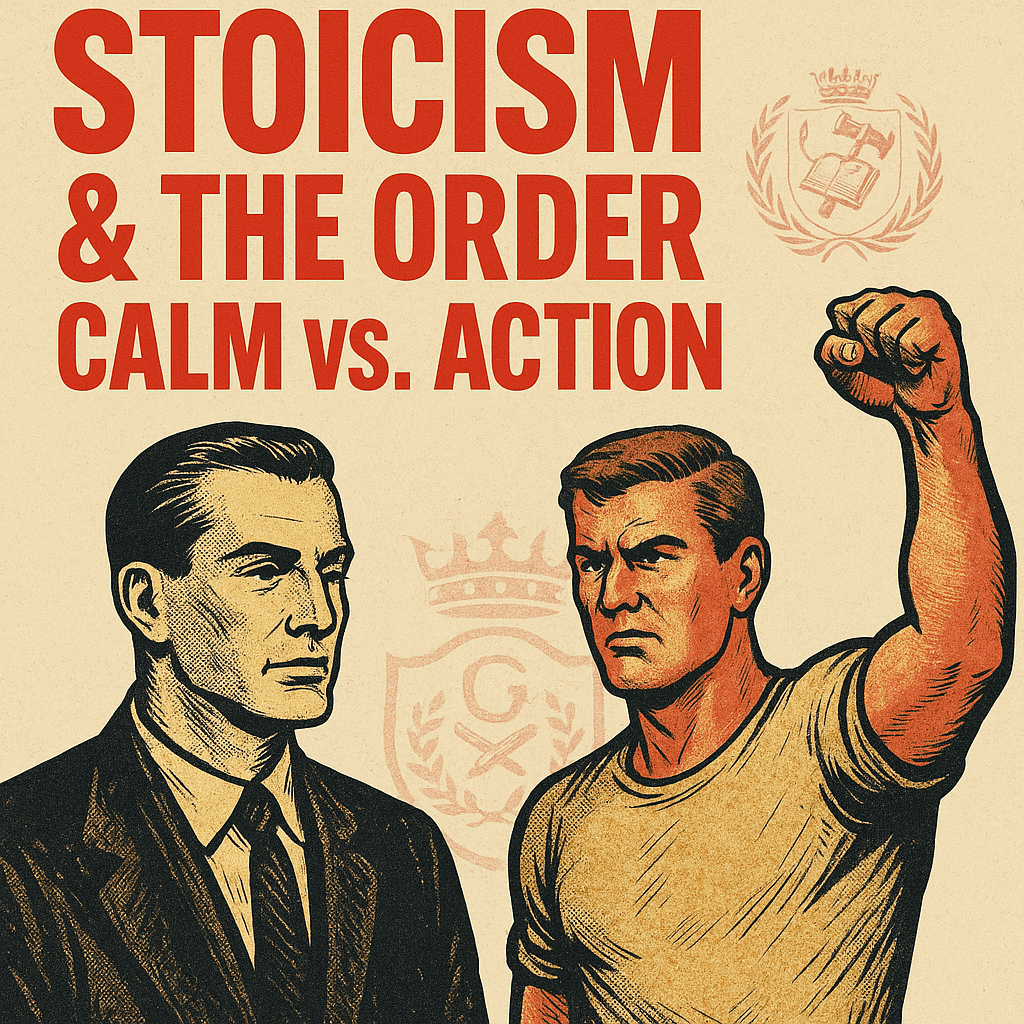 Retro-style illustration showing one calm, stoic man in a suit and another man raising his fist, symbolizing action, with bold headline “Stoicism & The Order: Calm vs. Action” in red.