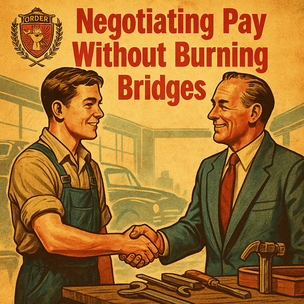 Vintage-style illustration showing a young tradesman shaking hands with a foreman, symbolizing respectful negotiation, with the text “Negotiating Pay Without Burning Bridges.”