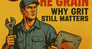 A vintage-style illustrated tradesman stands firmly in a mechanic’s jumpsuit, holding a wrench and a dented metal panel, radiating pride and purpose. The image evokes 1950s pulp magazine covers.