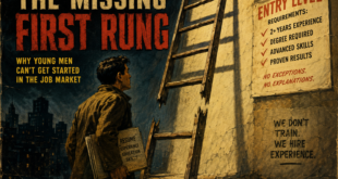 Vintage pulp illustration of a young man facing a broken career ladder beside an entry-level job notice demanding prior experience.